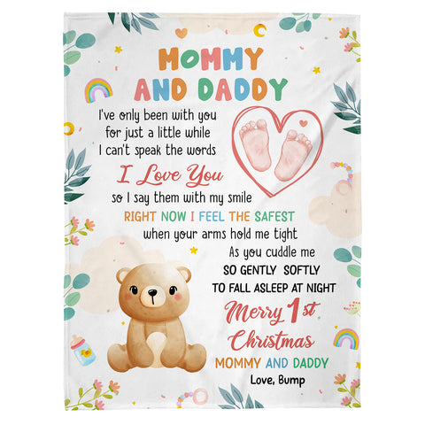 Merry 1st Christmas Mommy Daddy I've Only Been With You A While Footprint Baby Bear, Personalized Blanket, Gifts For New Parents, Fleece Sherpa Blanket, New Parents, Gifts For Xmas