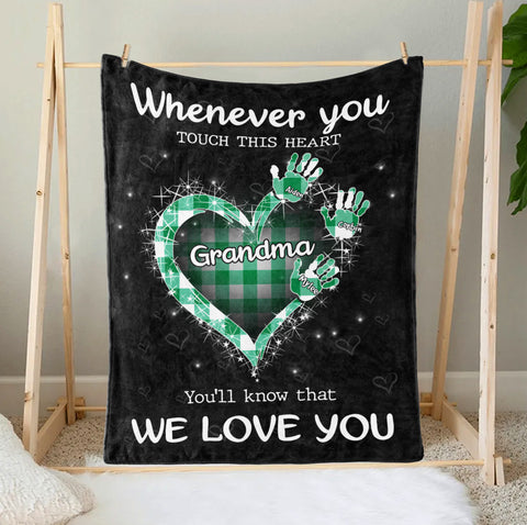 Funny Gifts For Grandma, Whenever You Touch This Heart Handprints Teal Plaid, Personalized Blanket, Gifts For Glamma Blanket