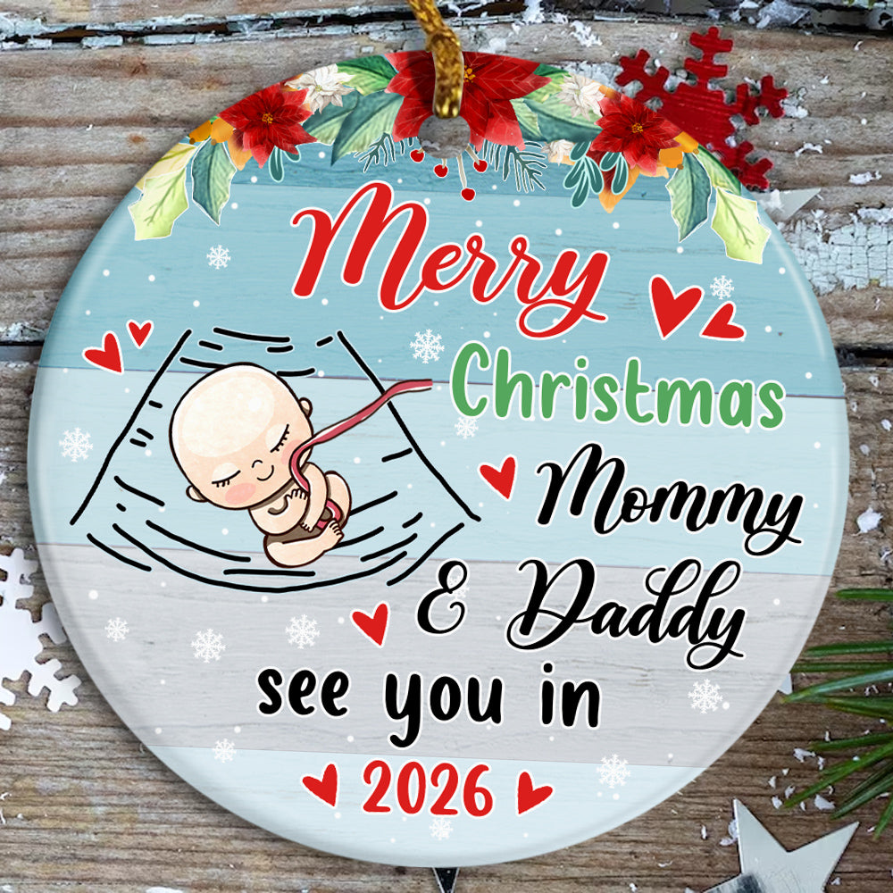 Mom To Be Gifts, Merry Christmas As Mommy & Daddy Sleeping Baby Bump, Custom Baby Announcement Circle Ornament, Holiday Decor, Maternity Circle Ornament Gifts For New Mommy