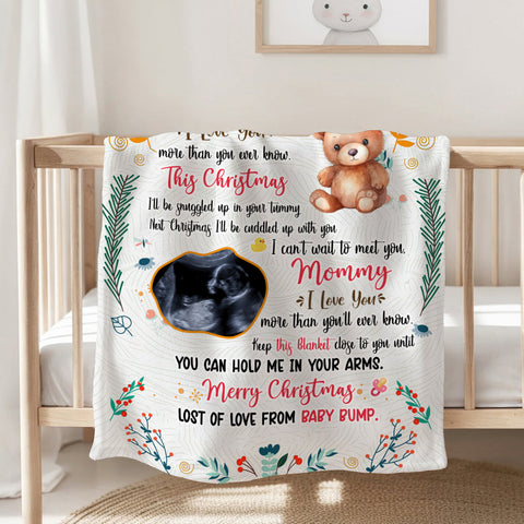Mom To Be Gifts, This Christmas I'll Be Snuggled Up In Your Tummy Baby Ultrasound And Bear, Personalized Blanket, Gifts For Mommy , Fleece Sherpa, New Mom Blanket, Gifts For Christmas