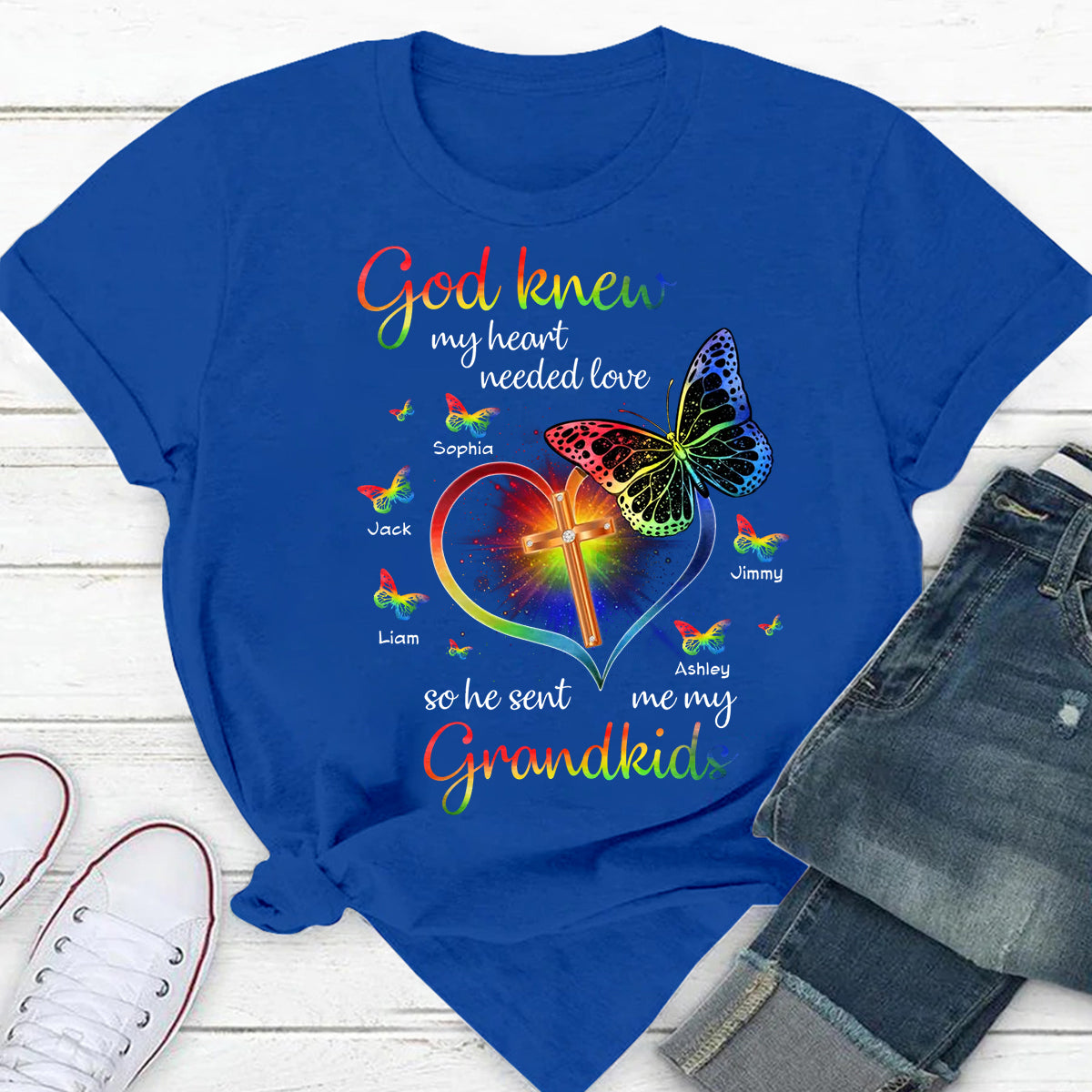 Personalized Shirt For Grandparents From Grandson Hologram God Knew Heart Needed Love So He Sent Me My Grandkids Custom Name Gifts For Grandma Short Sleeve Tops Tee T-Shirt For Birthday Xmas
