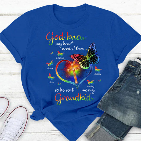 Personalized Shirt For Grandparents From Grandson Hologram God Knew Heart Needed Love So He Sent Me My Grandkids Custom Name Gifts For Grandma Short Sleeve Tops Tee T-Shirt For Birthday Xmas