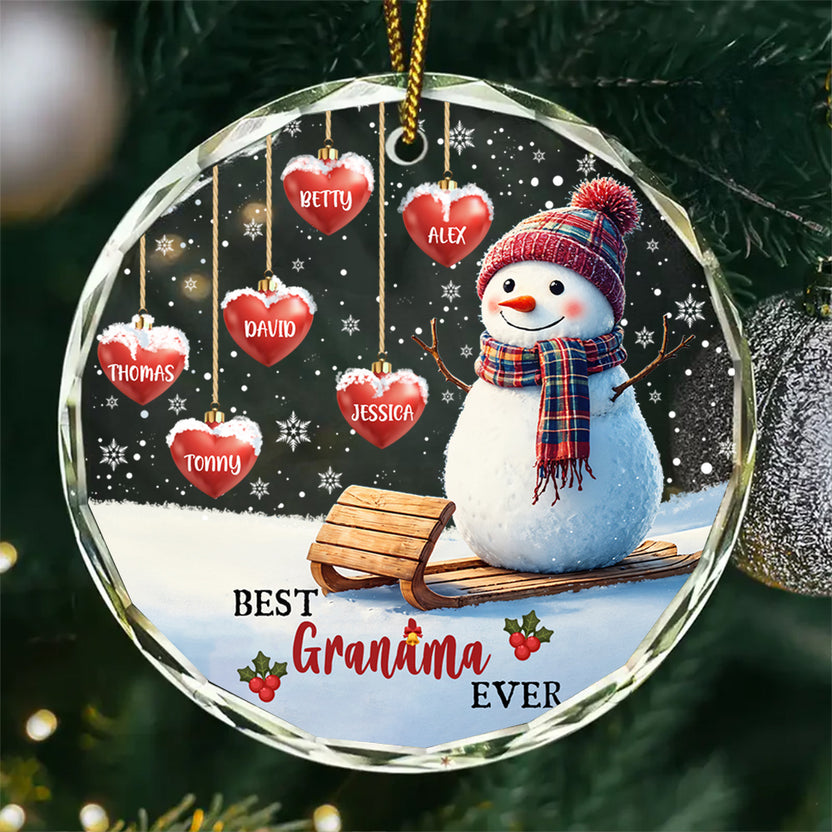 Grandma Ever Hearts With Names Snowflakes Grandma Grandpa Grandkids Circle Glass Ornament, For Nana From Grandkids Xmas Tree