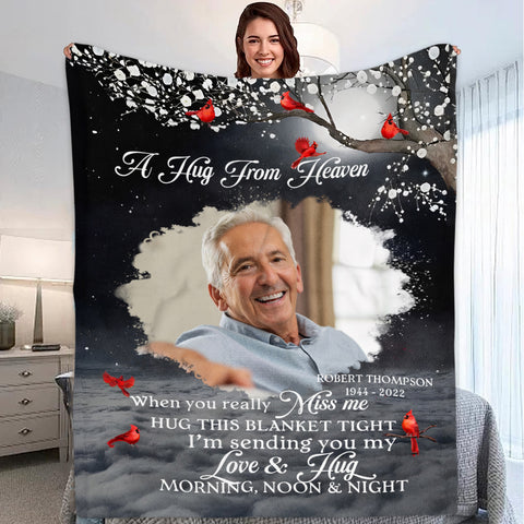 Sympathy Gifts, Personalized Memorial Blanket With Photo, A Hug From Heaven Photo Blanket, In Memory Loss Of Loved One Mom Dad Memorial Remembrance Bereavement Sympathy Grieving