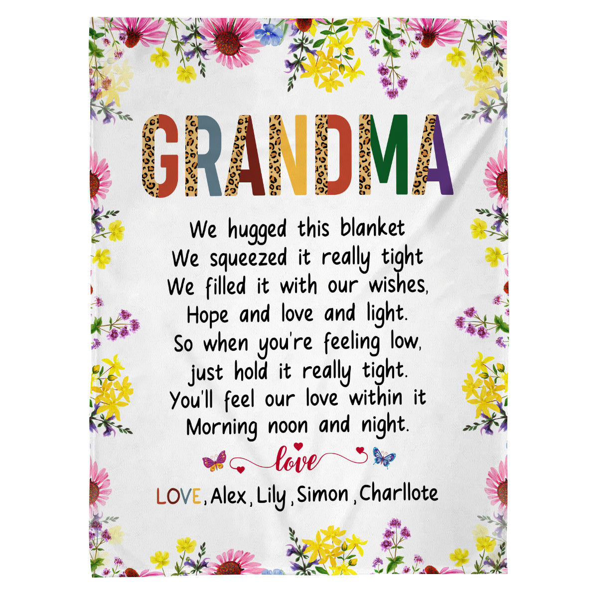 Grandma Family Blanket, Floral Frame Poem Message, Butterflies Accents, Comfort Theme, Personalized Name Option, Personalized Blanket, Gifts For Nana From Grandkids, Custom Fleece