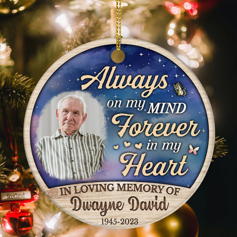 Memorial Gifts, Personalized Photo Memorial Ornament, Always In Mind Forever In Heart Wooden Background Circle Ornament For Loss Of Mom Dad, Xmas Tree Decoration, Grieving Gifts