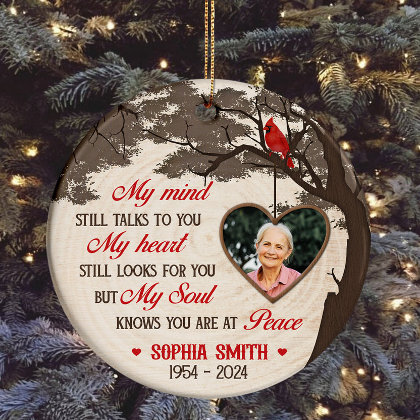 Sympathy Memorial Ornament, My Heart Knows You Are At Peace Wooden Vintage Heart Photo, Gifts For Loss Of Mom Dad, Xmas Tree Decoration, Funeral Gifts For Anniversary