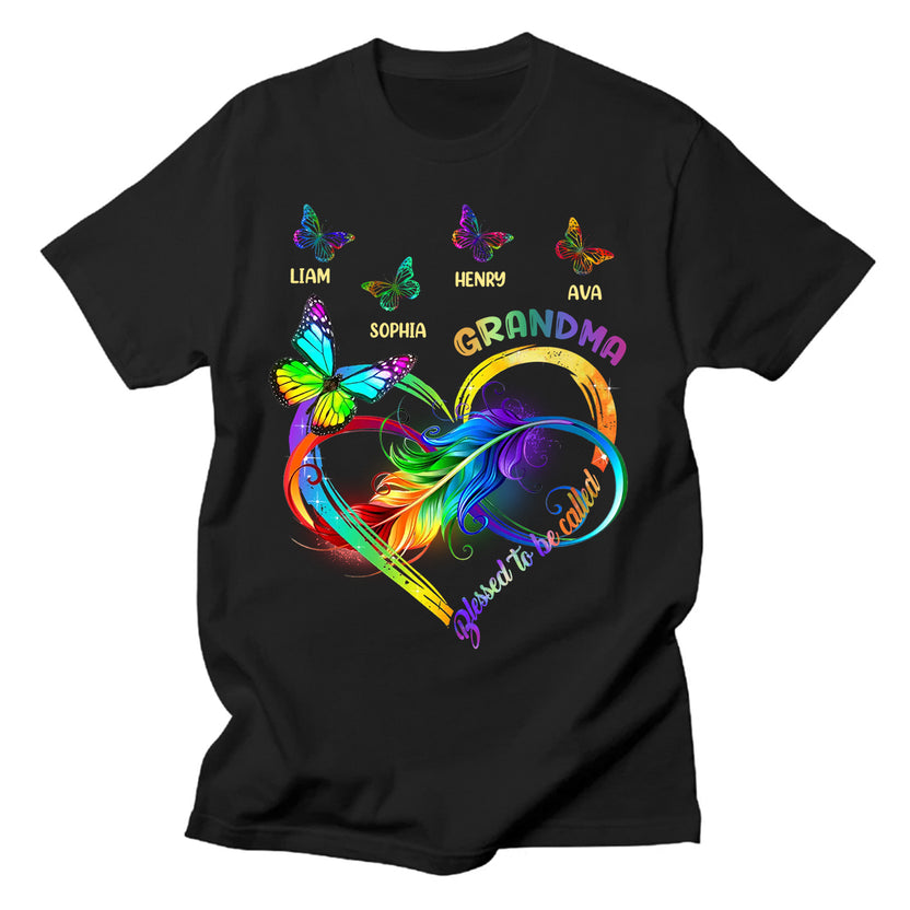 Personalized Shirt For Nana From Grandson Blessed To Be Called Grandma Custom Nickname Names Rainbow Heart Butterflies Mothers Day Custom Name Grandma Gifts Short Sleeve Tops Tee T-Shirt