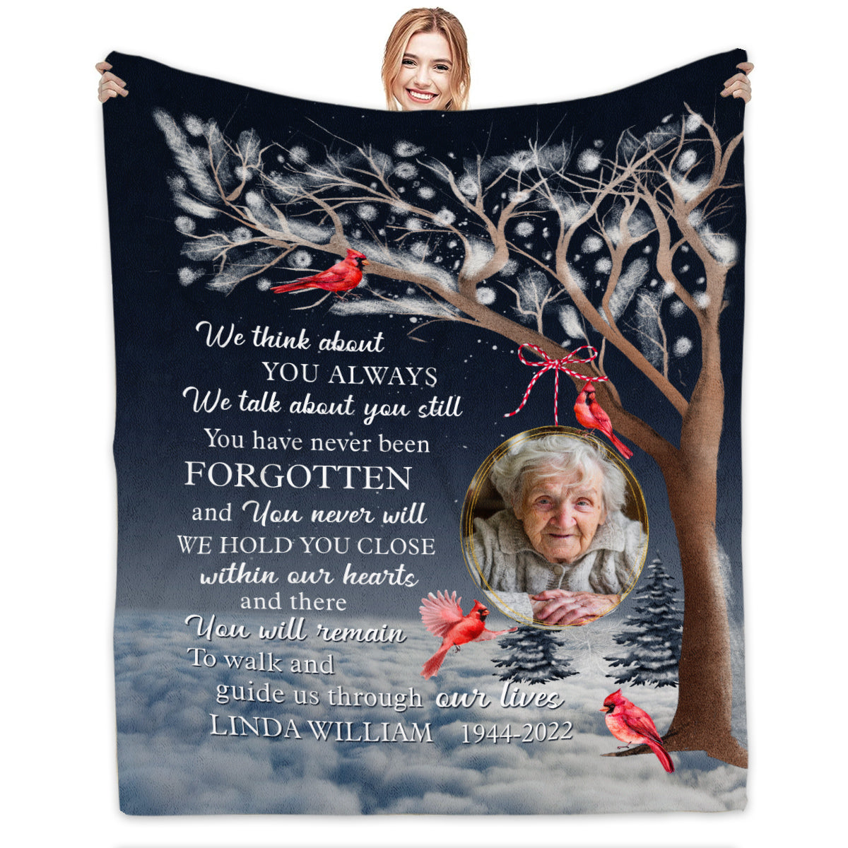 Remembrance Gifts, Personalized Memorial Blanket With Photo, Winter Tree With Red Bird We Talk About You Still, Loss Of Mom Dad Blanket, Fleece Sherpa, Memorial Gifts For Anniversary