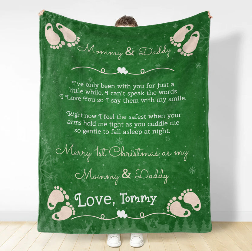 Personalized Blanket For 1st Time Mom Dad From Newborn Merry 1st Christmas As Mommy And Daddy Cute Feet Print New Mom Gifts Ideas Fleece Sherpa Blanket For Christmas Gender Reveal