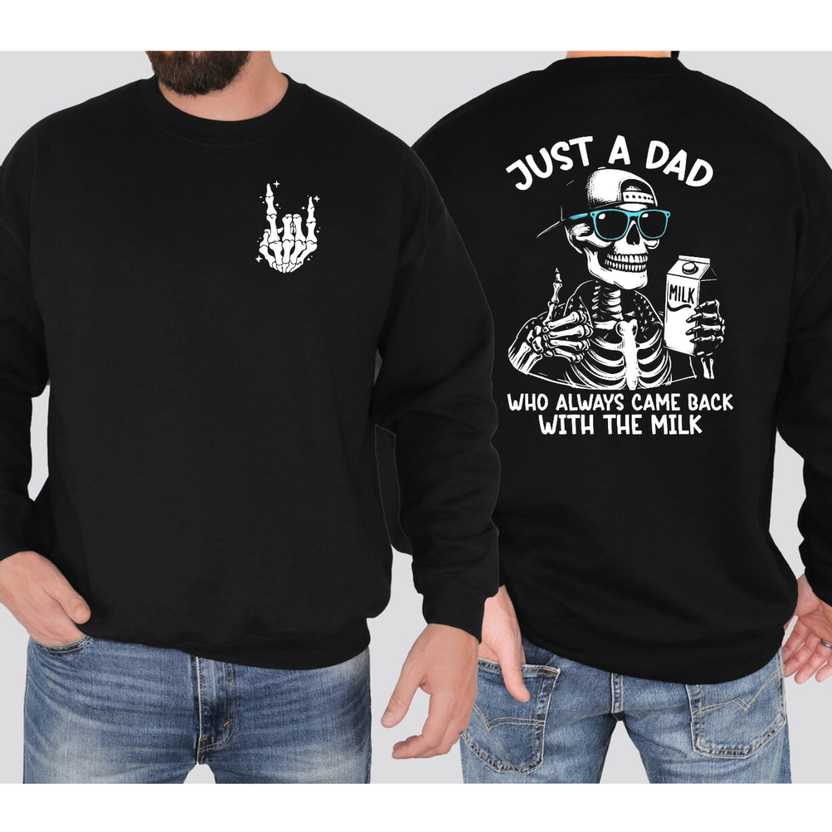 Just A Dad Who Always Came Back With The Milk 2 Sides T Shirt, Funny Skeleton Dad Graphic Tee For Men, Sarcastic Dad Humor Shirt, Dad Joke Shirt, Father’S Day Gift For Dad, Cool Dad Apparel, Unisex Regular Fit Crewneck Tee, Classic Streetwear