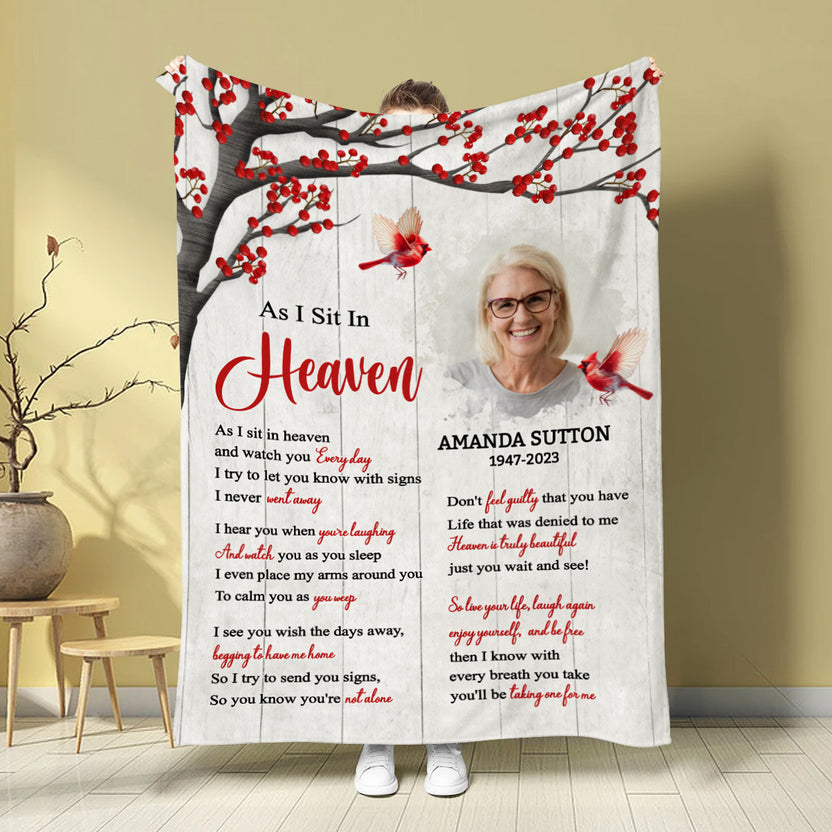 Sympathy Gifts, Memorial Blanket With Photo, Sympathy Memorial, Heaven Watching Over Family Verse, Heaven Message With Red Birds, Loss Of Mom Dad Blanket, Fleece Sherpa, Funeral Gifts