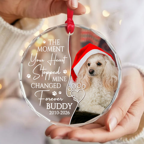 The Moment Your Heart Stopped Mine Changed Forever, Dog Memorial Glass Ornament, Custom Photo Pet Loss Remembrance Keepsake, Memorial Item For Dogs, Gifts For Loss Of Dog, Tree Decor