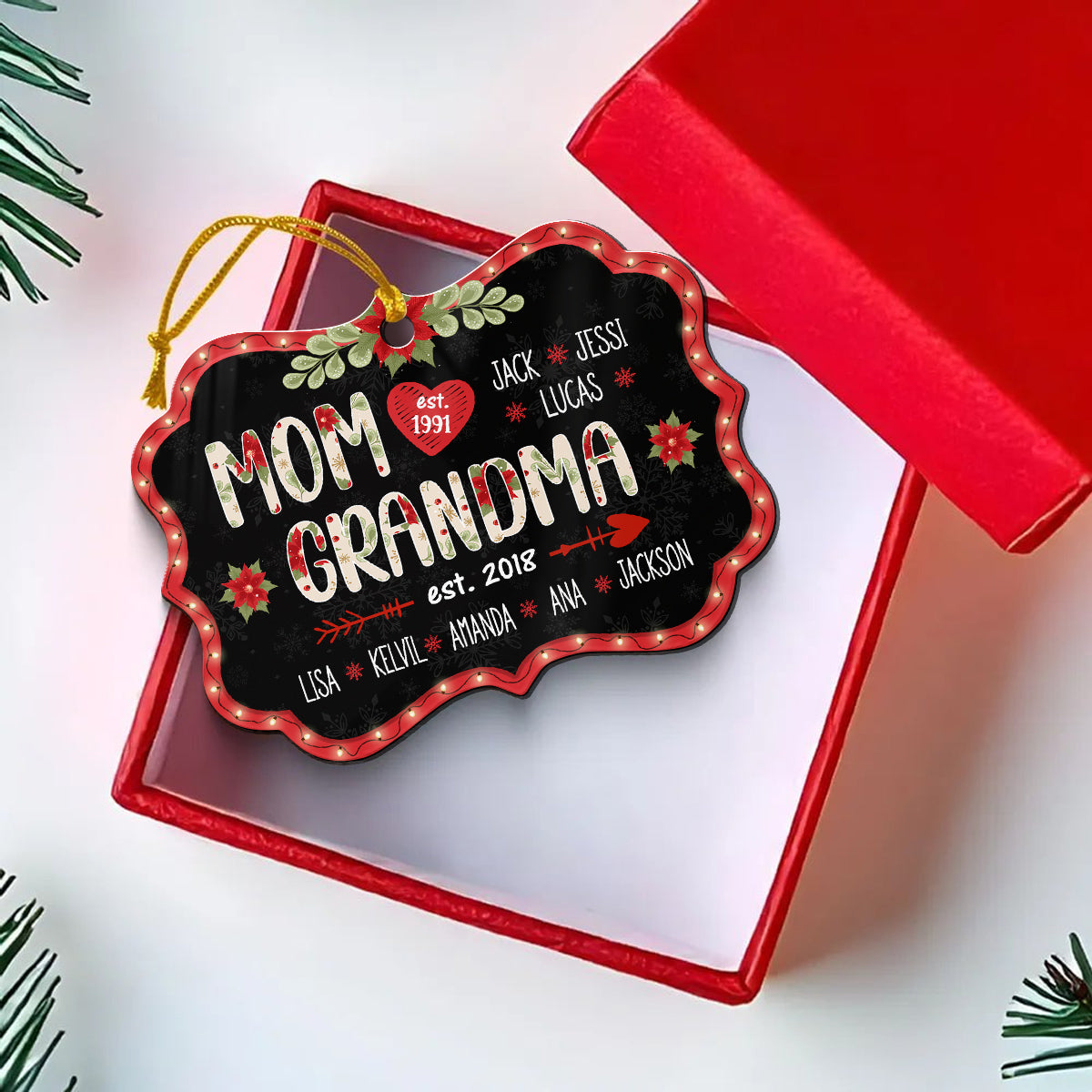 Mom Grandma Ornament, Personalized EST. Years, Custom Grandkids Names Christmas Gift, Holiday Family Established Year Ornament Keepsake