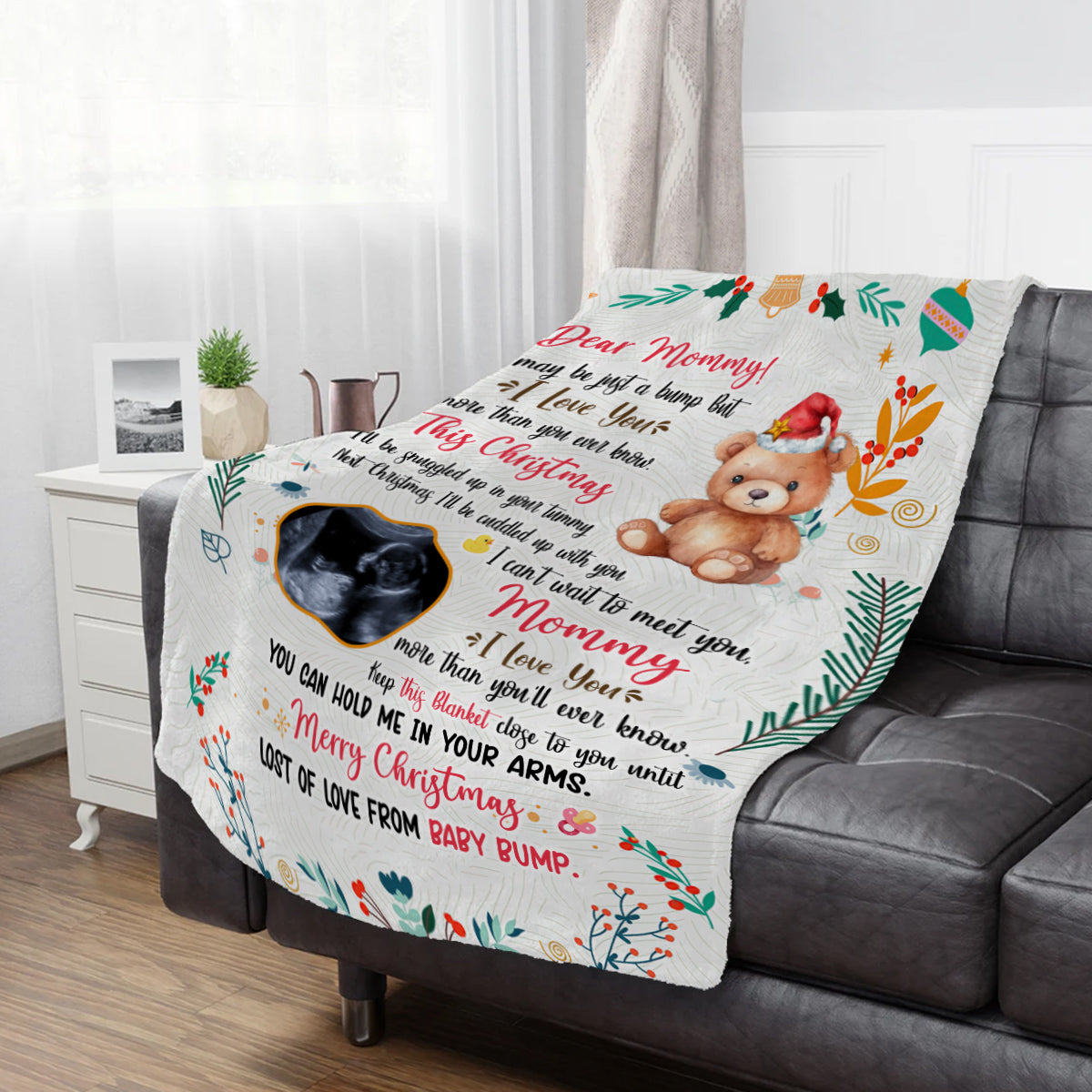 Mom To Be Gifts, This Christmas I'll Be Snuggled Up In Your Tummy Baby Ultrasound And Bear, Personalized Blanket, Gifts For Mommy , Fleece Sherpa, New Mom Blanket, Gifts For Christmas