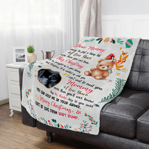 Mom To Be Gifts, This Christmas I'll Be Snuggled Up In Your Tummy Baby Ultrasound And Bear, Personalized Blanket, Gifts For Mommy , Fleece Sherpa, New Mom Blanket, Gifts For Christmas