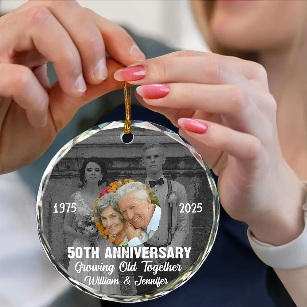 50th Anniversary Growing Old Together Glass Ornament, Then And Now Photo Keepsake, Wedding Memory Decor, Gifts For Parents Family Him Her, Xmas Tree Decor, Gifts For Valentine
