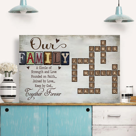 Our Family A Circle Of Strength And Love, Founded On Faith Crossword Art Poster, Personalized Canvas Wall Art, Gifts For Mom Dad, Poster Prints Home Decor, Family Wall Hanging