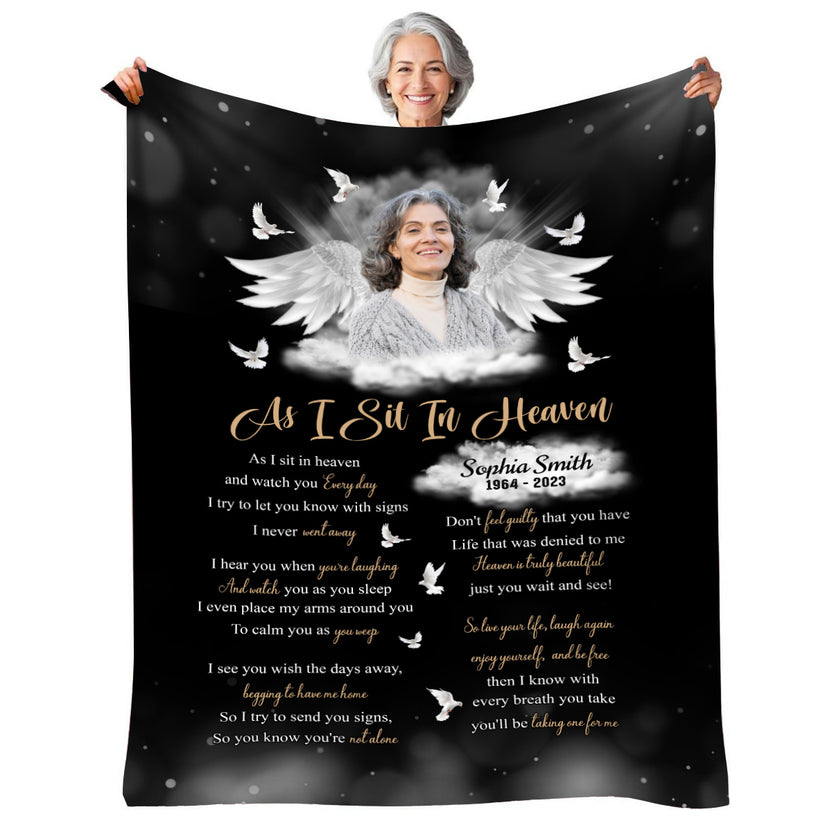 Sympathy Gifts, Memorial Blanket With Photo, Memorial Keepsake Blanket, Angel Wing Silhouette With Doves, Tribute Custom Name, Comfort Verse  Doves And Clouds, Loss Of Mom Dad Blankets