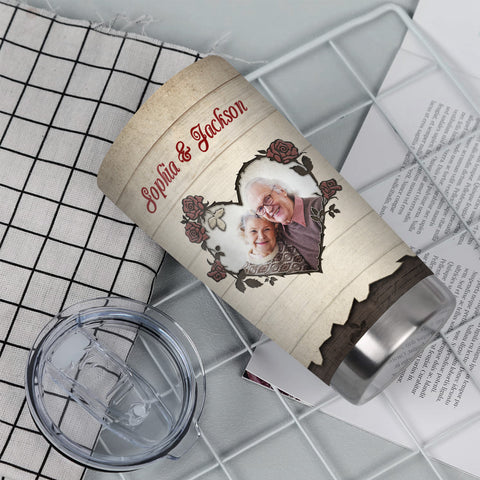His And Hers Gifts, I'd Choose You Romantic Couple Flowers Heart Frame Wooden, Personalized Photo Tumbler, Gifts For Him Her From Darling, 20oz With Lid Travel Cup For Valentine
