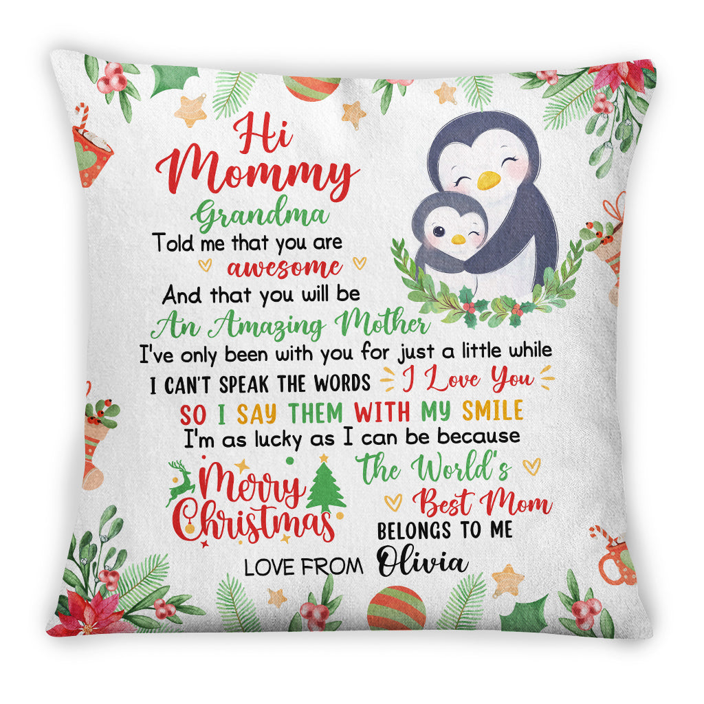 Personalized Square Pillow For New Mom From Family Gifts Penguin Hug Baby Grandma Told Me That You Are Awesome Merry Christmas Custom Name Double Sided Sofa Couch Cushion On Christmas