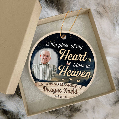 Sympathy Gifts, Personalized Photo Memorial Ornament, Big Piece Of Heart Lives In Heaven Butterflies Hearts Wooden Background, Gifts For Loss Of Mom Dad, Xmas Tree Decoration, Funeral