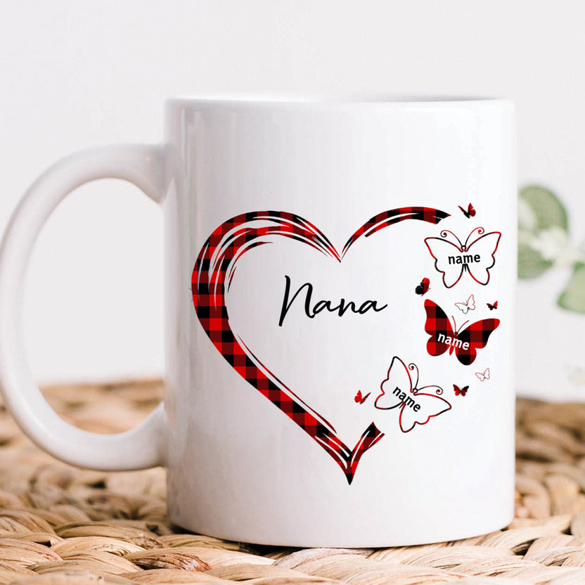 Personalized Coffee Mug For Grandma From Grandchild Nana Red Plaid Heart With Butterflies Custom Grandkids Name 11 15Oz Ceramic White Cup Gifts Ideas For Grandparents For Mothers Day