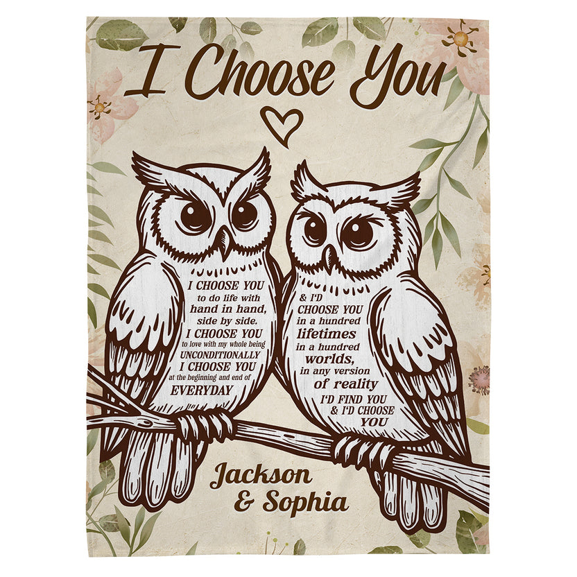 Couple Romance Gifts, Owl Cute Silhouette Vintage I'd Find You & I'd Choose You, Personalized Blanket For Him Her Darling, Custom Fleece Sherpa Blanket, Gifts For Valentine Anniversary