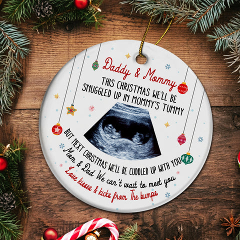 Twins Ultrasound Ornament, Daddy & Mommy Christmas Quote, Custom Sonogram Photo, Pregnancy Reveal Gift, Expecting Parents Ceramic Keepsake