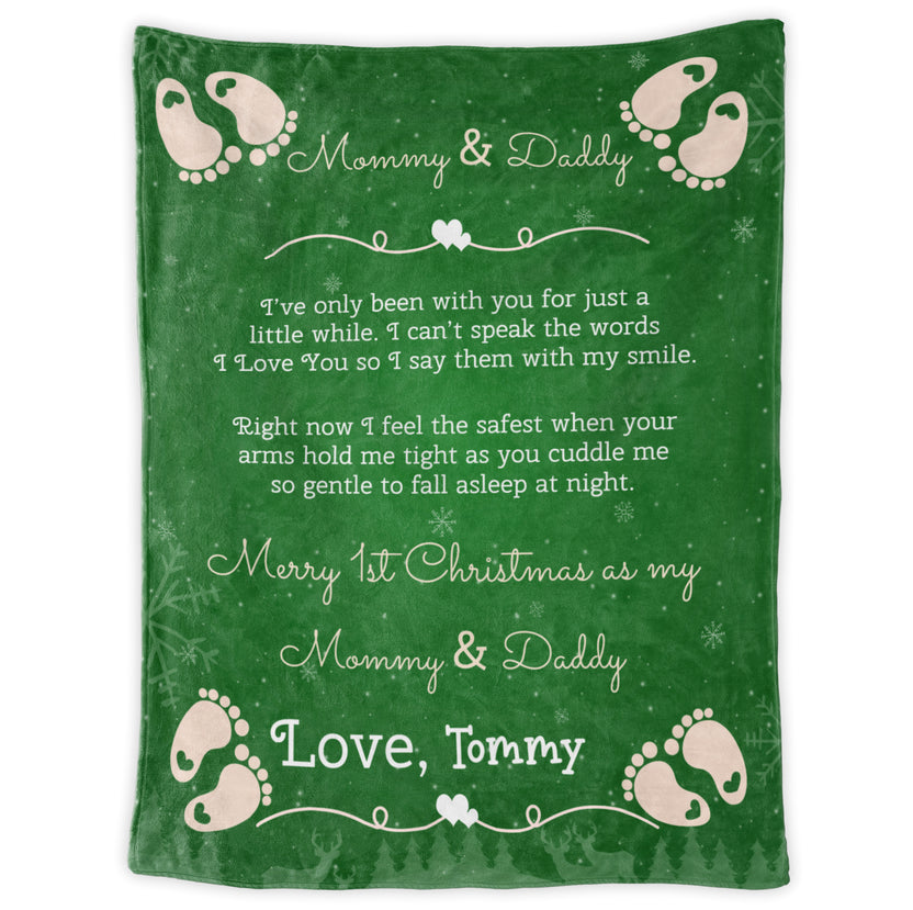Personalized Blanket For 1st Time Mom Dad From Newborn Merry 1st Christmas As Mommy And Daddy Cute Feet Print New Mom Gifts Ideas Fleece Sherpa Blanket For Christmas Gender Reveal