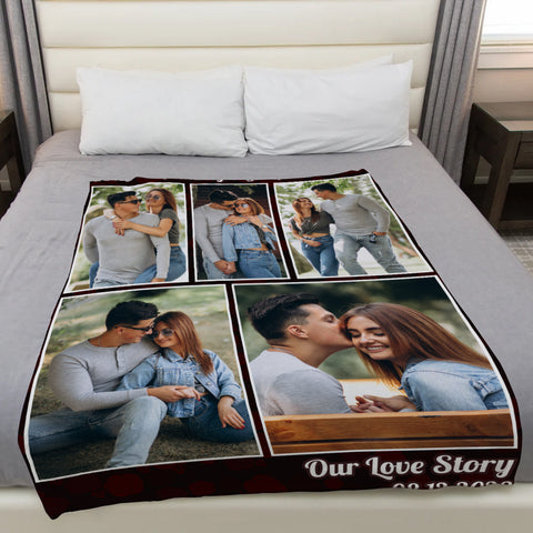 Personalized Photo Blanket, “Our Love Story” Couple Blanket, Custom Names Date Throw, Romantic Anniversary Gift, Cozy Fleece Memory Blanket