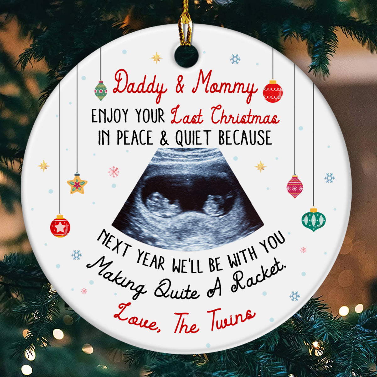 Daddy & Mommy Twins Ultrasound Ornament, Last Peaceful Christmas, Pregnancy Reveal Xmas Gift, Custom Sonogram Expecting Parents Keepsake