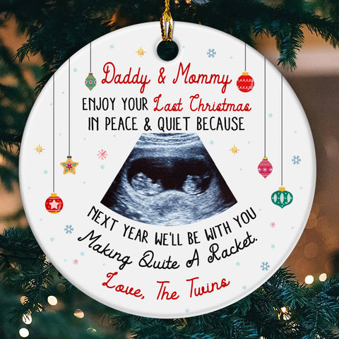 Daddy & Mommy Twins Ultrasound Ornament, Last Peaceful Christmas, Pregnancy Reveal Xmas Gift, Custom Sonogram Expecting Parents Keepsake