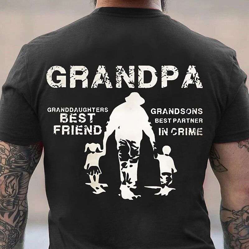 Grandpa Back Print T Shirt, Granddaughters B*St Friend Grandsons B*St Partner In Crime Shirt, Grandfather Gift, Fathers Day Gift For Men, Unisex Crewneck Pullover Tee, Classic Streetwear