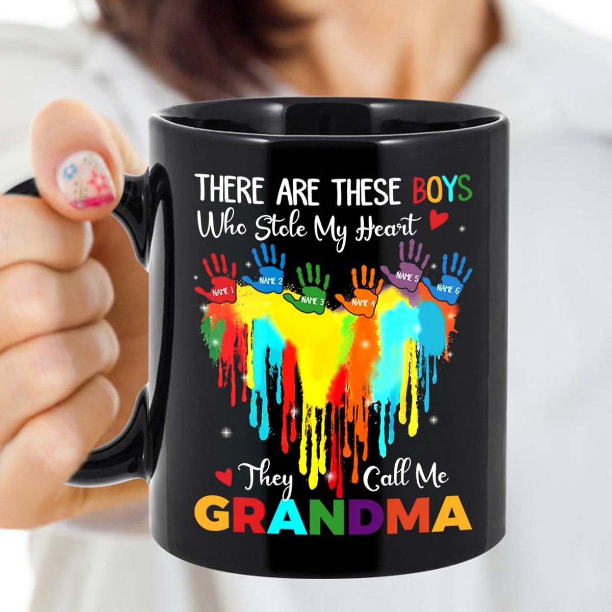 Personalized Coffee Mug For Gigi From Grandson Grandma Heart With Colorful Handprint Watercolor Hand Kids Custom Grandkids Name 11 15oz Ceramic Black Cup Gifts For Grandma For Christmas
