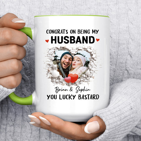 Congrats On Being My Husband You Lucky Bastard Funny Break Wall Heart Photo Couple, Personalized Coffee Mug With Photo, Gifts For Him Her Honey, Ceramic 11 15oz Cup, Gifts For Valetine