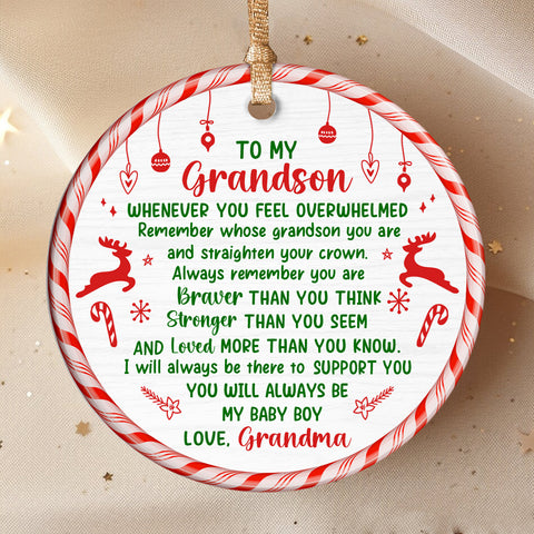 Grandsons Gifts, Remember Whose Grandson You Are Christmas Candy Cane Theme Circle Ceramic Ornament, Personalized Christmas Ornament, Gifts For Boys From Nana, Xmas Tree Decor