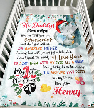 Personalized Animal Blanket For Future New Dad From Baby Bump Merry 1St Christmas Blue Sleeping Elephant Custom Name Unique Gifts For Christmas Fleece Sherpa Blanket For 1St Christmas