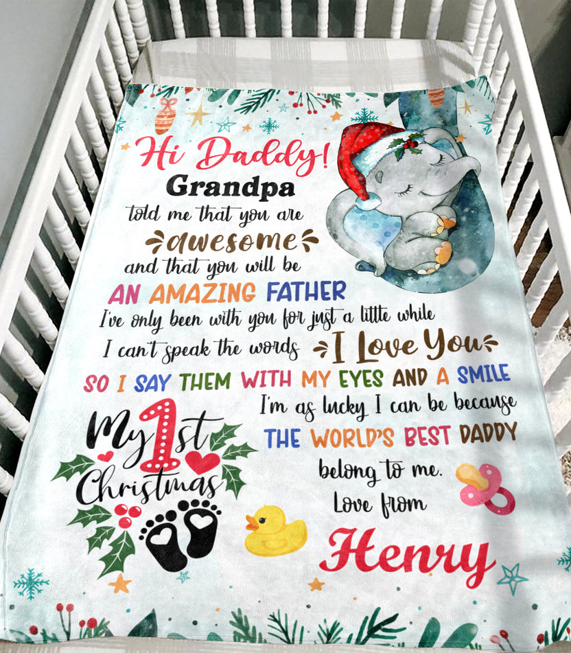 Personalized Animal Blanket For Future New Dad From Baby Bump Merry 1St Christmas Blue Sleeping Elephant Custom Name Unique Gifts For Christmas Fleece Sherpa Blanket For 1St Christmas