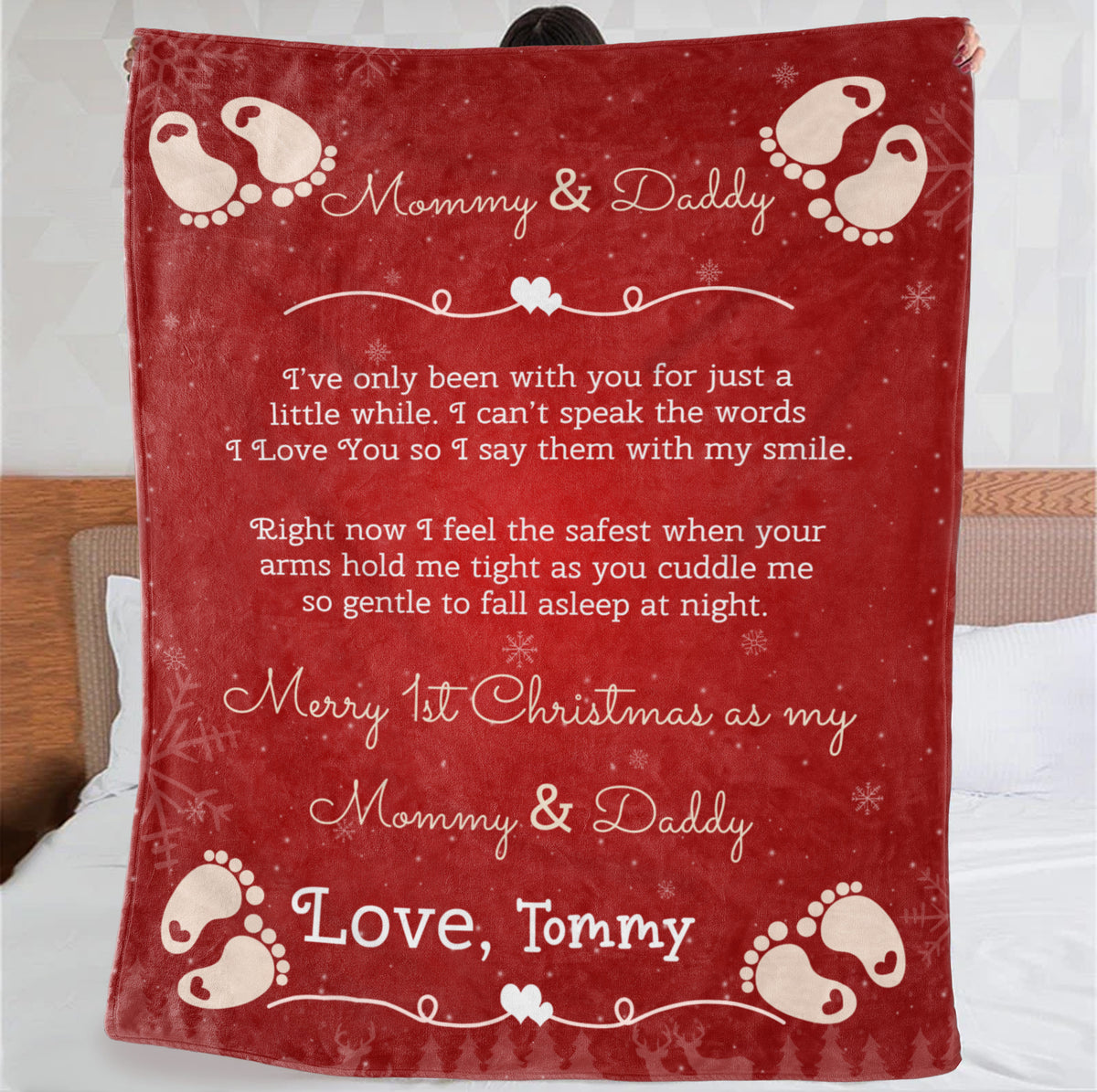 Personalized Blanket For 1st Time Mom Dad From New Born Merry 1st Christmas As Mommy And Daddy Cute Feet Print Custom First Time Mom Gifts Fleece Blanket For Christmas Gender Reveal