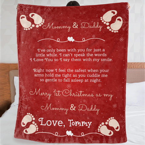 Personalized Blanket For 1st Time Mom Dad From New Born Merry 1st Christmas As Mommy And Daddy Cute Feet Print Custom First Time Mom Gifts Fleece Blanket For Christmas Gender Reveal