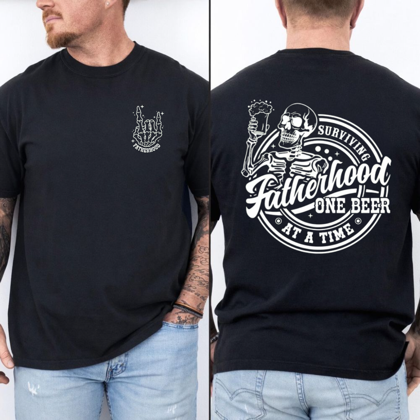 Surviving Fatherhood One Beer At A Time 2 Sides Tshirt, Funny Dad Gift For Dad, Husband, Father Figure, Fatherhood T Shirt, Father’S Day Gag Gift, Humor Shirt For Men, Unisex Regular Fit Crewneck Tee, Casual Clothing