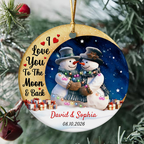 Custom Christmas Ornament, Snowy Winter Hugging, Love You To The Moon & Back Cute Couple Crescents Moon, Couple In Top Hats Snowy, Personalized Christmas Ornament For Wife Husband