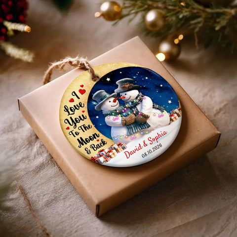 Custom Christmas Ornament, Snowy Winter Hugging, Love You To The Moon & Back Cute Couple Crescents Moon, Couple In Top Hats Snowy, Personalized Christmas Ornament For Wife Husband