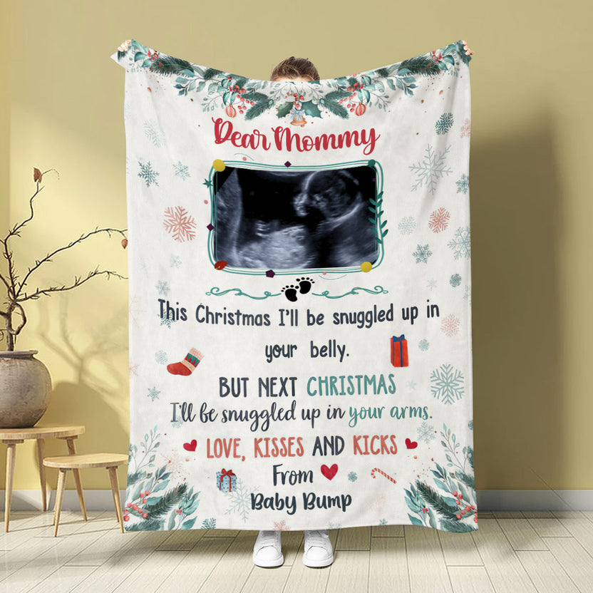 Mom To Be Gifts, This Christmas I'll Be Snuggled Up In Your Belly Sonogram Photo, Personalized Blanket, Gifts For Expecting Mom, Fleece Sherpa, New Mom Blanket, Gifts For Christmas