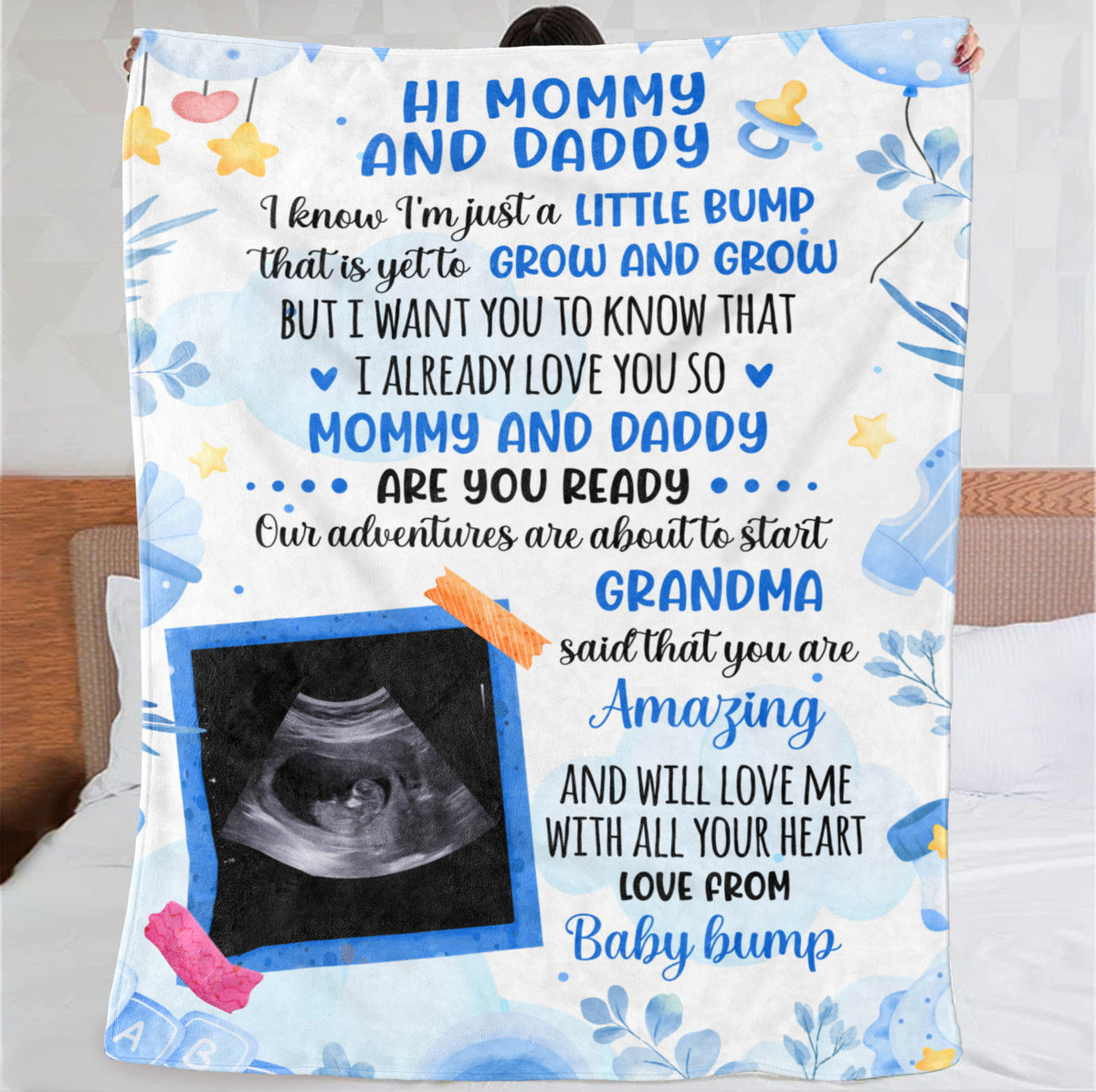 1st Time Expecting Parents Gifts, Blue Theme Ultrasound Picture I'm Just A Bump, Personalized Blanket, Gifts For New Parents, Fleece Sherpa Blanket, Baby Shower For Father's Day