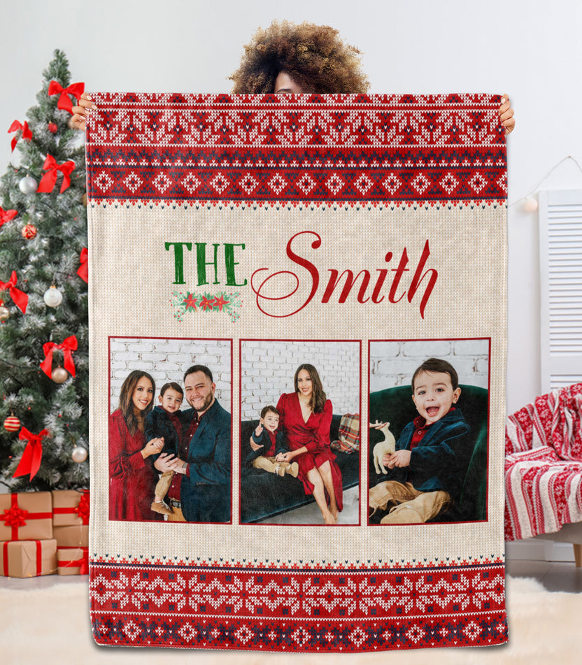 Personalized Family Photo Collage Blanket For Mom Dad From Daughter Son Family Gifts Family Name Photo Ugly Christmas Sweater Pattern Printed Custom Name & Multi Picture  Blanket For Christmas