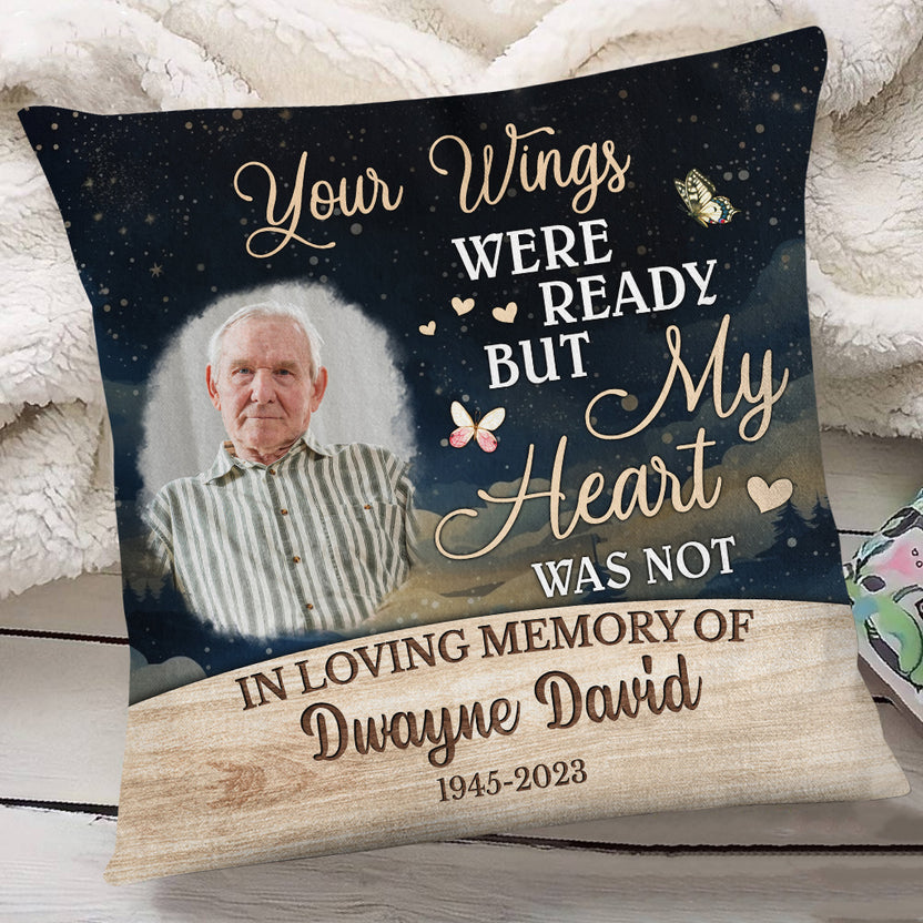 Sympathy Photo Memorial Square Pillow, Your Wings Were Ready But Hearts Was Not Butterflies Hearts Wooden, Gifts For Loss Of Mom Dad, Sofa Couch, Funeral Gifts For Anniversary