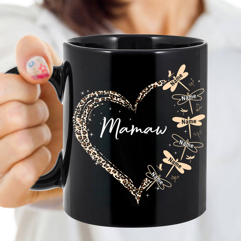 Personalized Coffee Mug For Grandmother From Grandchild Mamaw Leopard Heart With Dragonfly Custom Grandkids Name 11 15Oz Ceramic Black Cup Unique Gifts For Grandma For Mothers Day Birthday