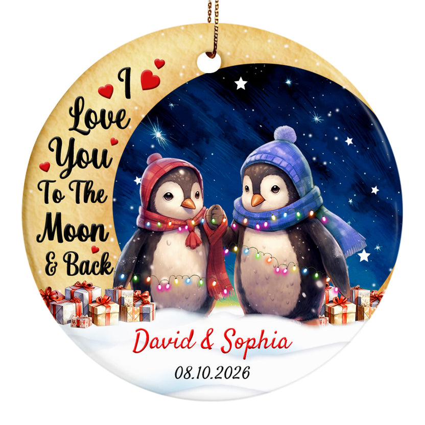 Love You To The Moon & Back Cute Penguin Couple Crescents, To The Moon And Back Ornament, Winter Penguin Couple Decor, Holiday Tree Decor, Personalized Christmas For Him Her